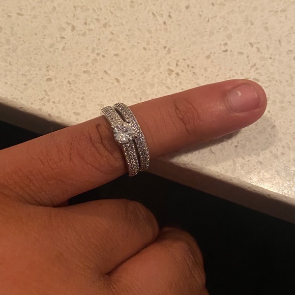 Round Cut Ring with Paved Band Set 925 Sterling Silver Engagement Ring - Picture 4 of 9